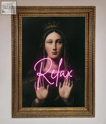 A relax mate framed wall art featuring a crowned woman with raised hands and glowing pink neon relax lettering