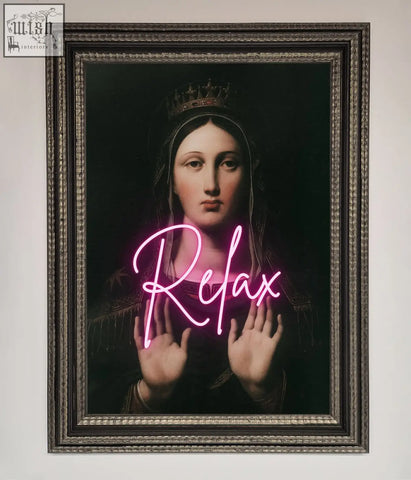 A relax mate framed wall art featuring a classical portrait with pink neon text in an ornate dark metal frame