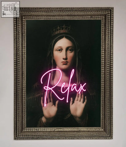 A relax mate framed wall art showing a crowned woman with hands raised and glowing pink neon relax text