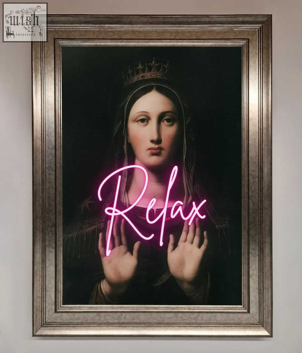 A relax mate framed wall art featuring a crowned woman with raised hands and glowing pink neon relax text