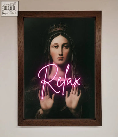 A relax mate framed wall art showing a classical crowned woman with glowing pink neon relax lettering