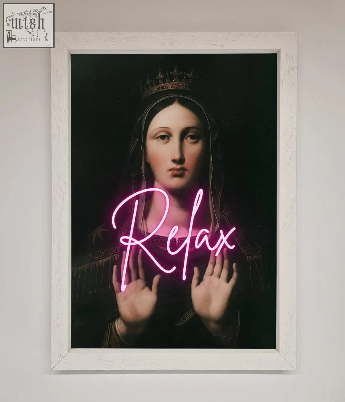 Relax mate framed wall art featuring a classical portrait of a crowned woman with glowing pink relax lettering