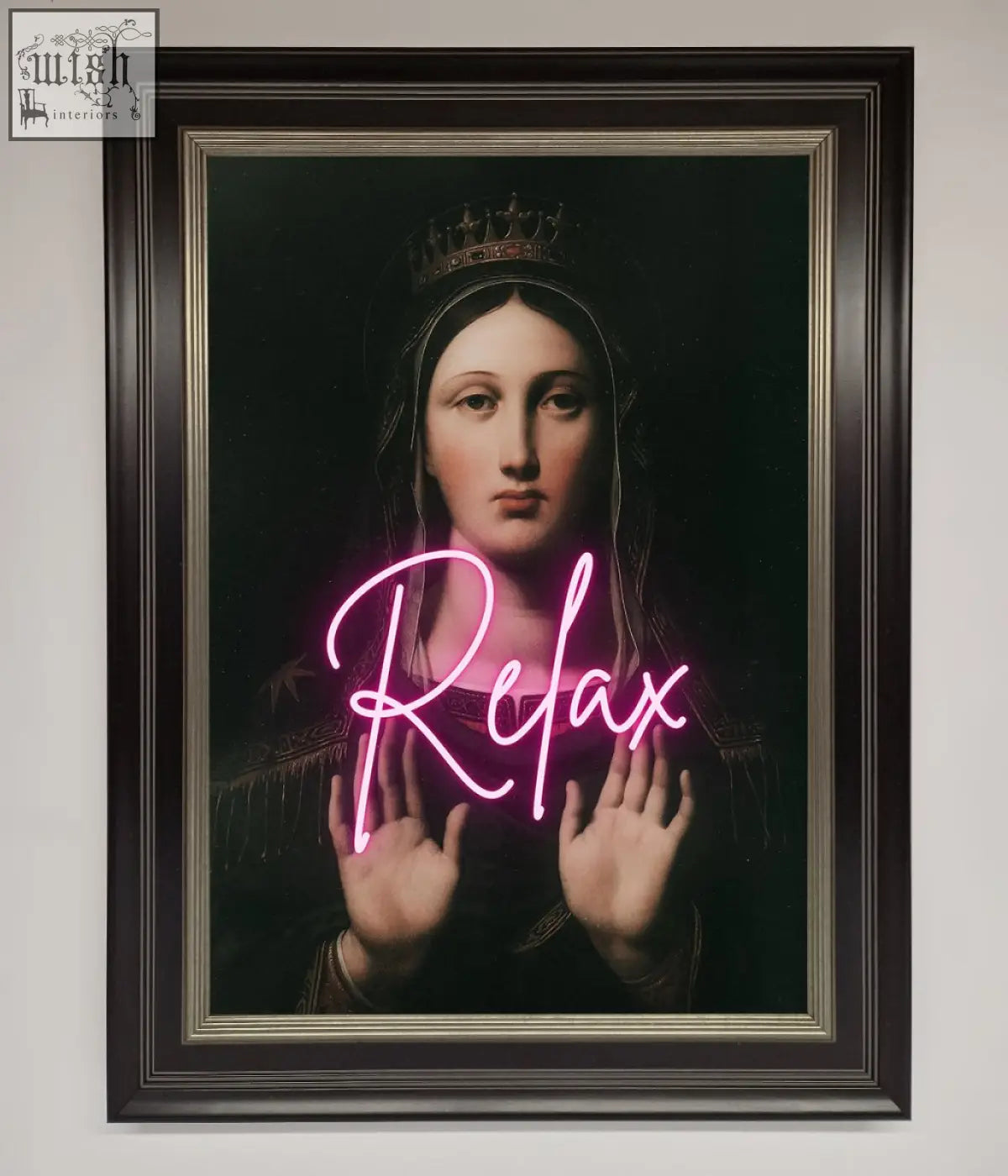 A relax mate framed wall art featuring a classical portrait of a crowned woman with glowing pink neon relax lettering