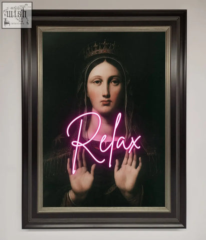 A relax mate framed wall art featuring a classical portrait of a crowned woman with glowing pink neon relax lettering