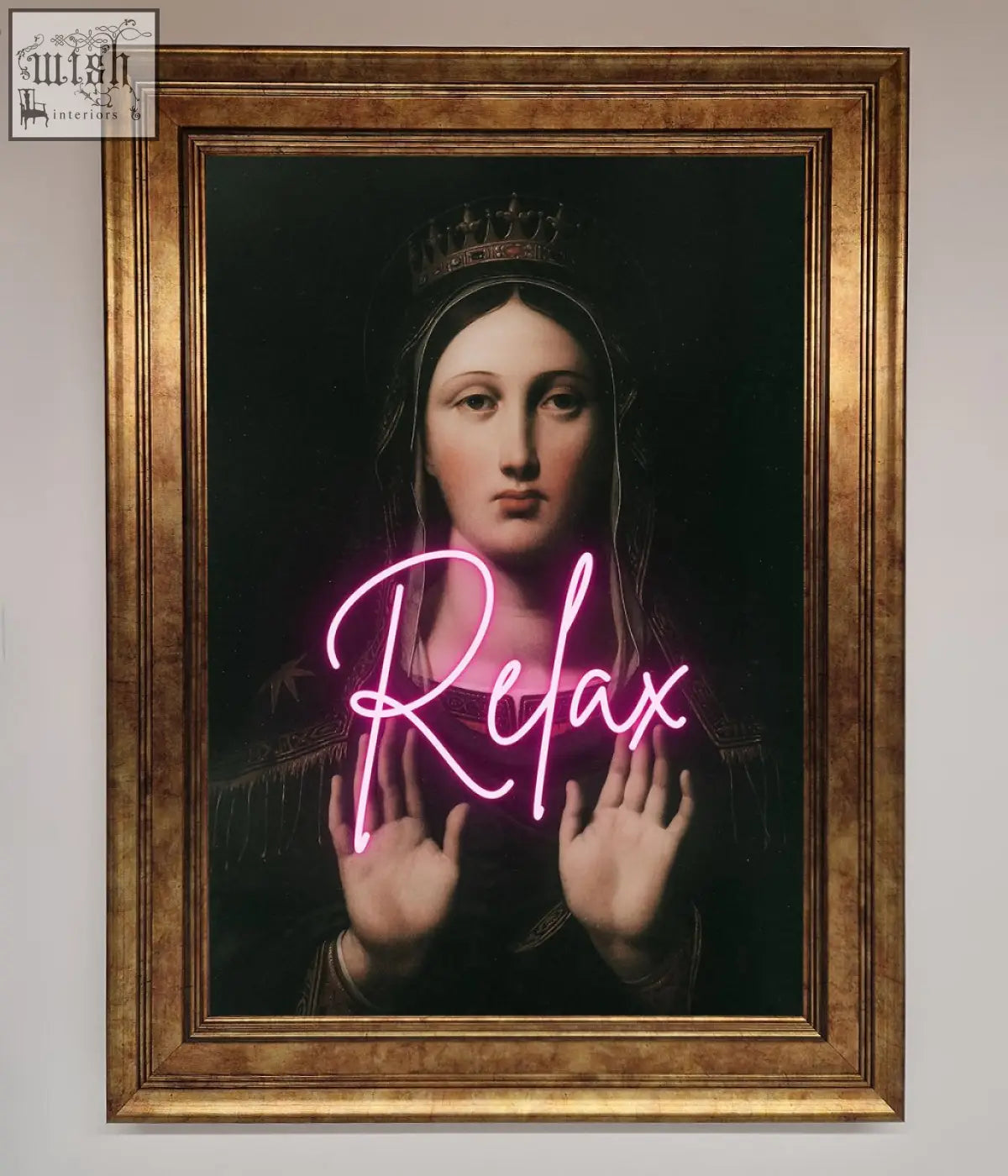 Relax mate framed wall art featuring a crowned woman with hands raised and glowing pink neon relax text