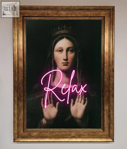 Relax mate framed wall art featuring a crowned woman with hands raised and glowing pink neon relax text