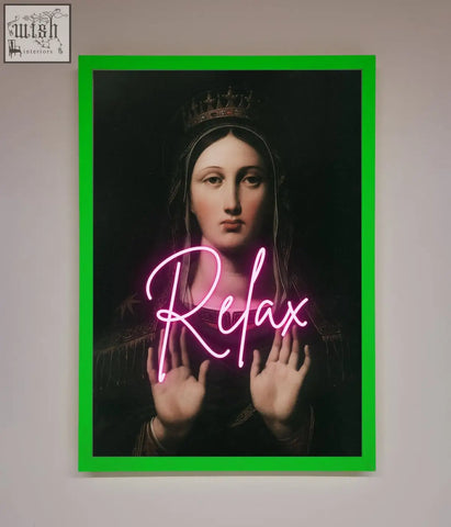 A relax mate framed wall art with a classical crowned woman portrait and glowing pink neon relax lettering in green frame