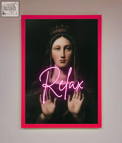 A pink neon relax sign on a classical crowned woman portrait in dark frame relax mate framed wall art
