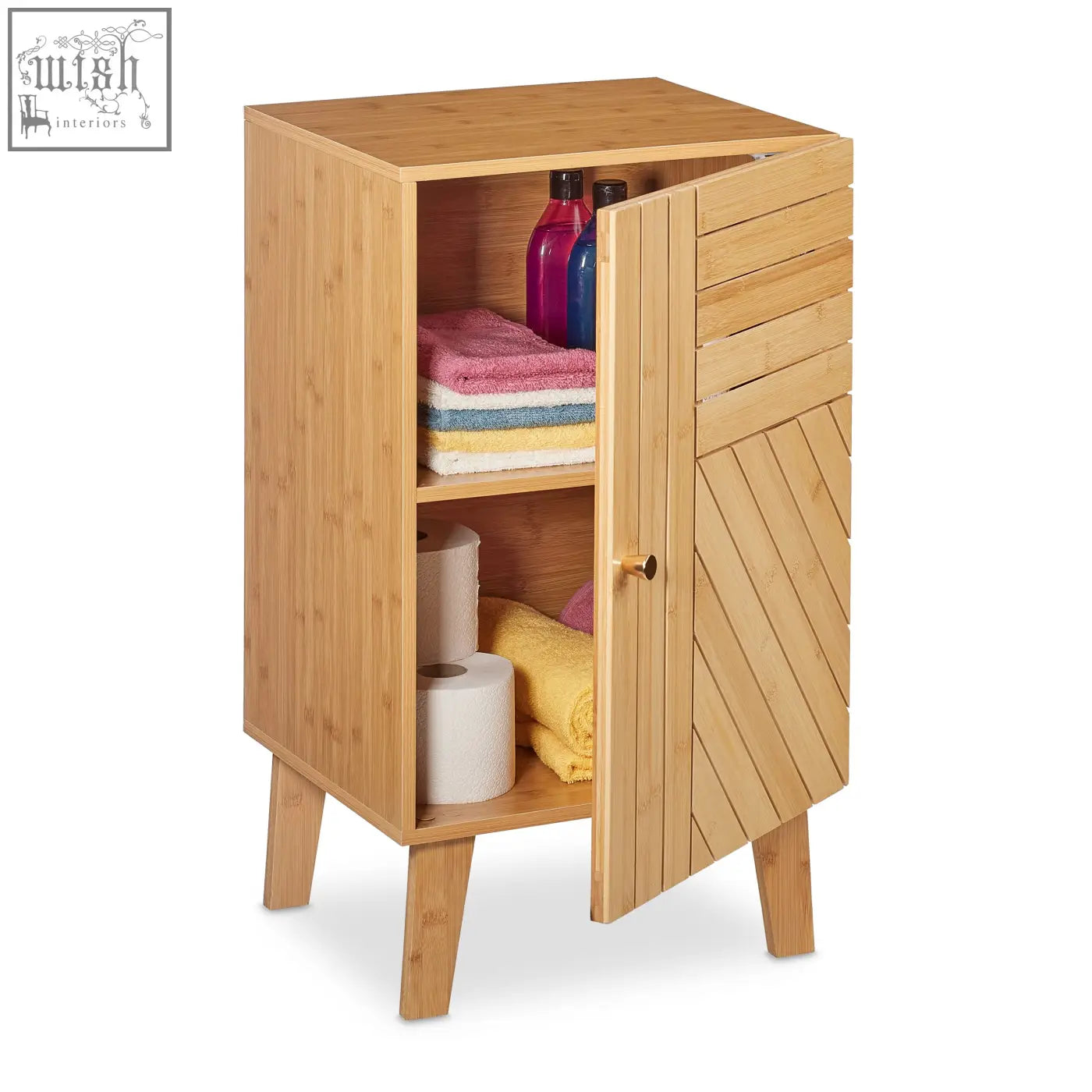 Light brown relaxdays bathroom cabinet made of natural bamboo with geometric door and tapered legs for stylish storage