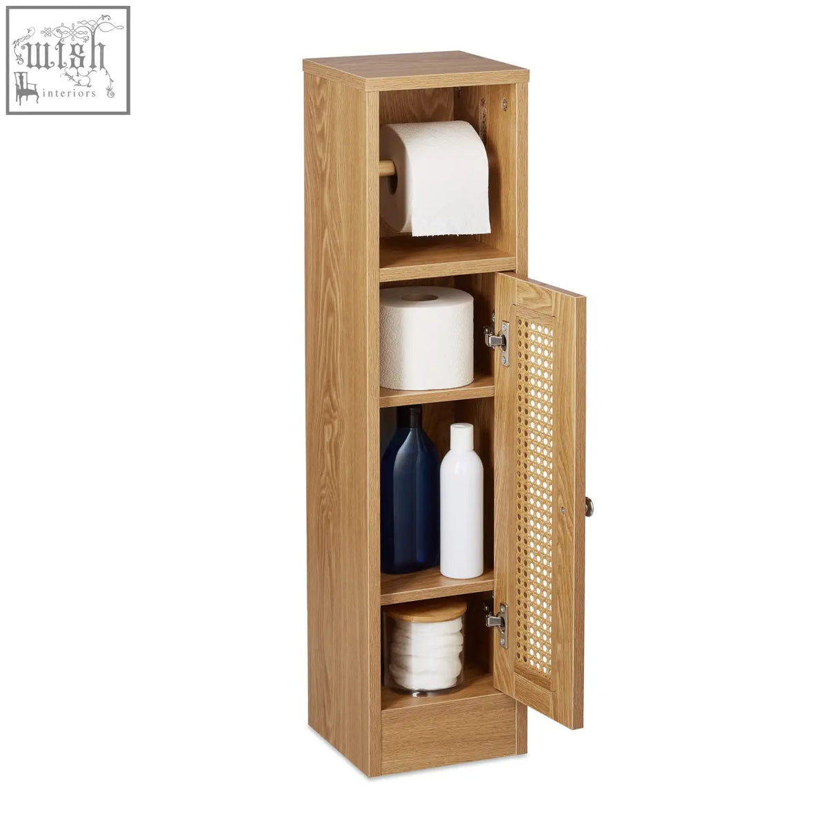 Light oak relaxdays bathroom cabinet with woven cane door and shelves holding toilet paper as a toilet roll holder