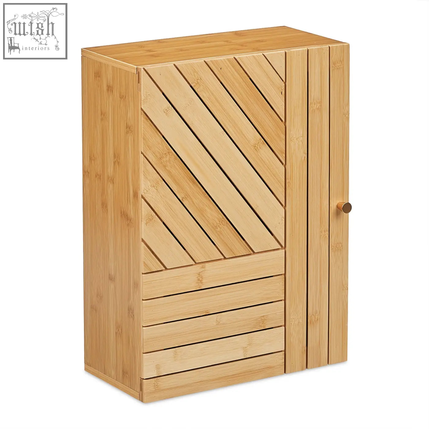Light brown bamboo bathroom cabinet with diagonal slat design and round wooden knob from relaxdays bathroom range