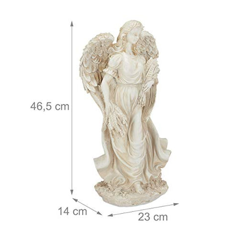 Detailed cream-white relaxdays garden ornament angel made of weatherproof polyresin with carved wings and flowing robes