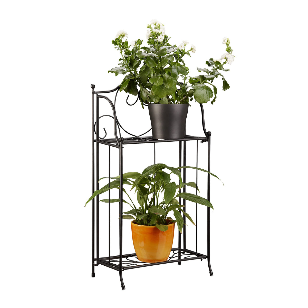 Black wrought iron relaxdays metal flower stand with 2 tiers holding potted plants for balcony decor
