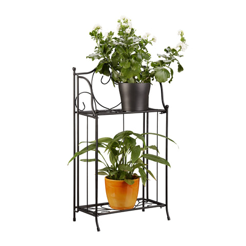 Black wrought iron relaxdays metal flower stand with 2 tiers holding potted plants for balcony decor