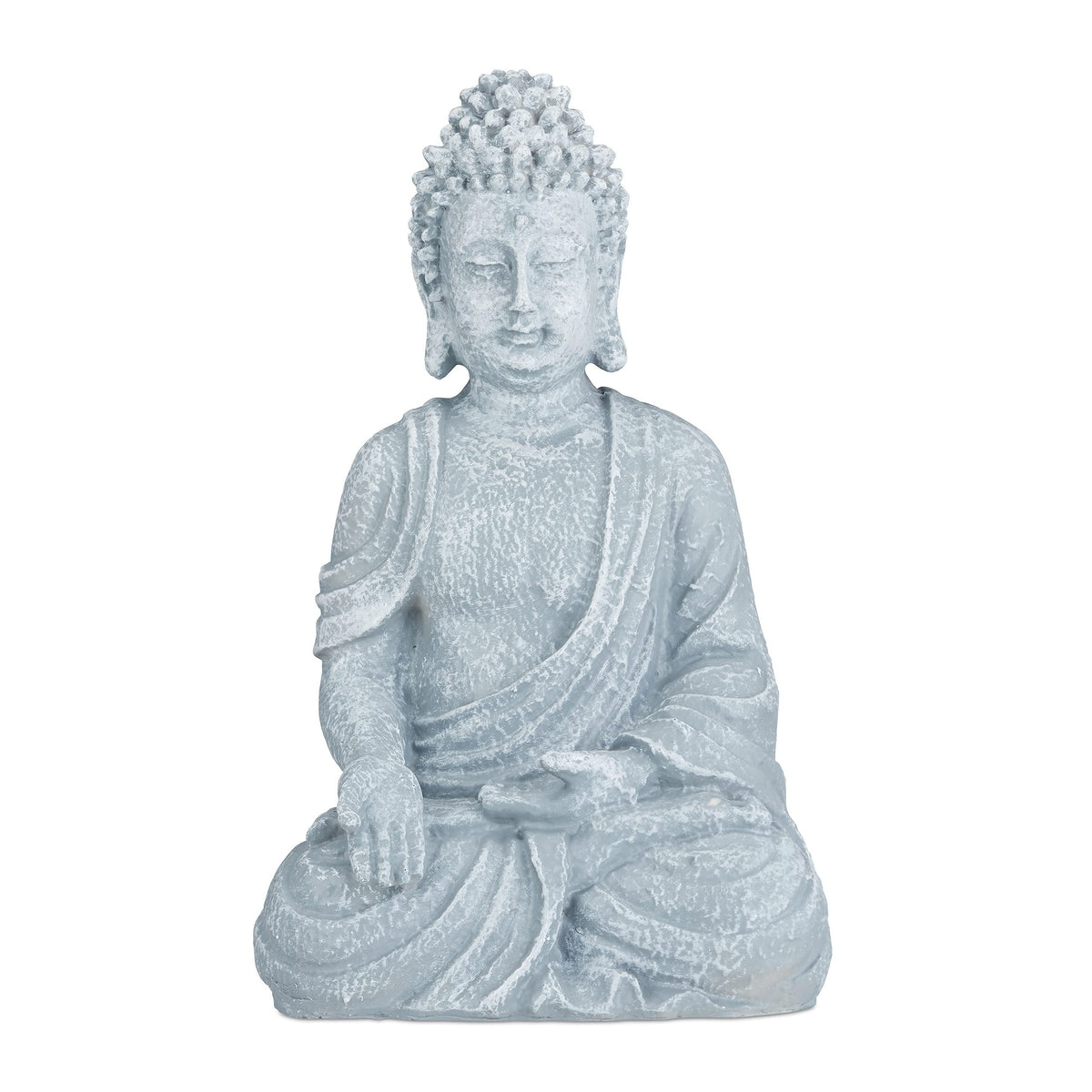 Gray stone buddha figurine in light grey polyresin with detailed robes seated in meditative pose for garden decor
