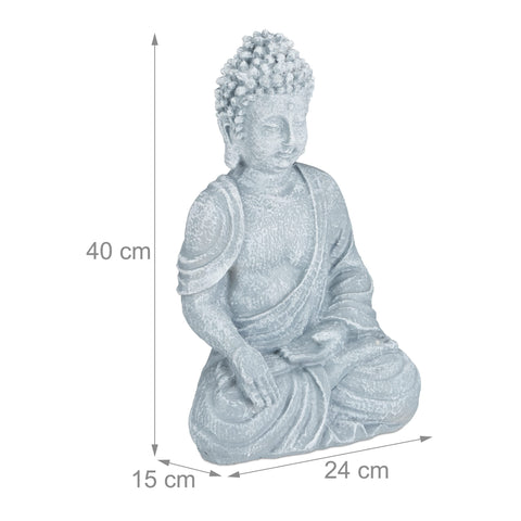 A serene light grey buddha figurine in meditative pose made of polyresin perfect for garden decor