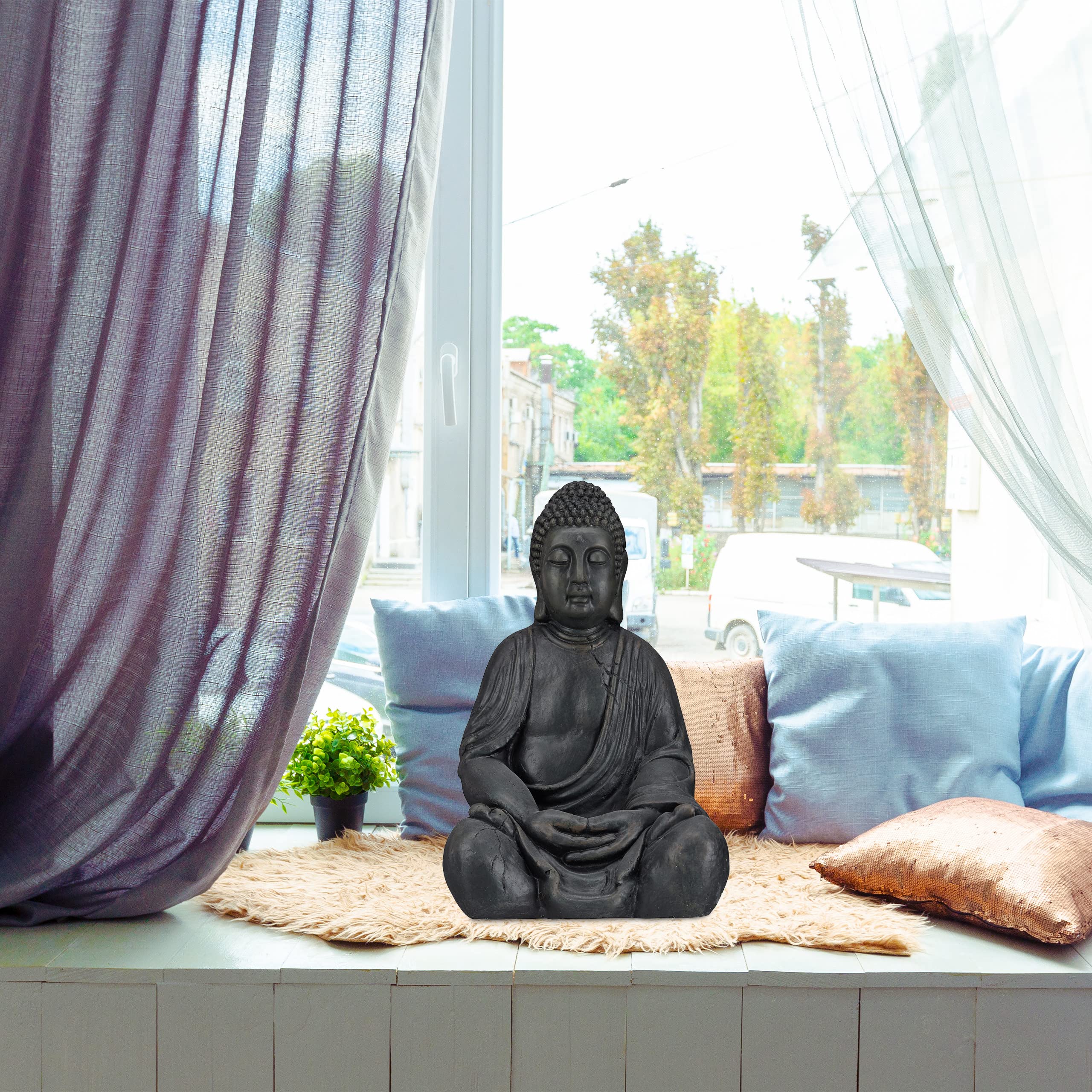 Black resin buddha figurine in dark grey with serene expression in traditional sitting xl buddha pose for garden decor