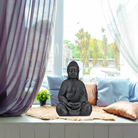 Black resin buddha figurine in dark grey with serene expression in traditional sitting xl buddha pose for garden decor