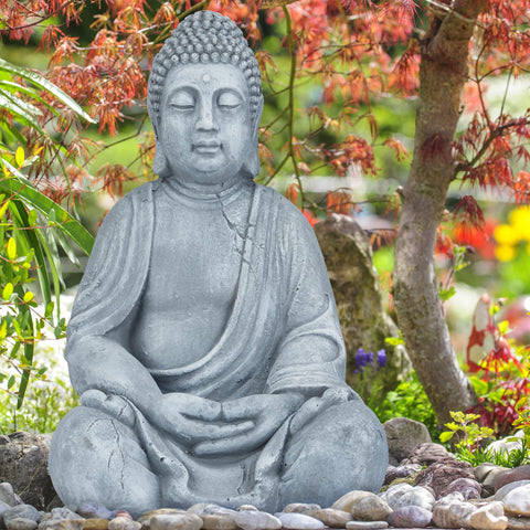 Dark grey sitting xl buddha figurine made of stone with serene expression for outdoor garden feng shui decor