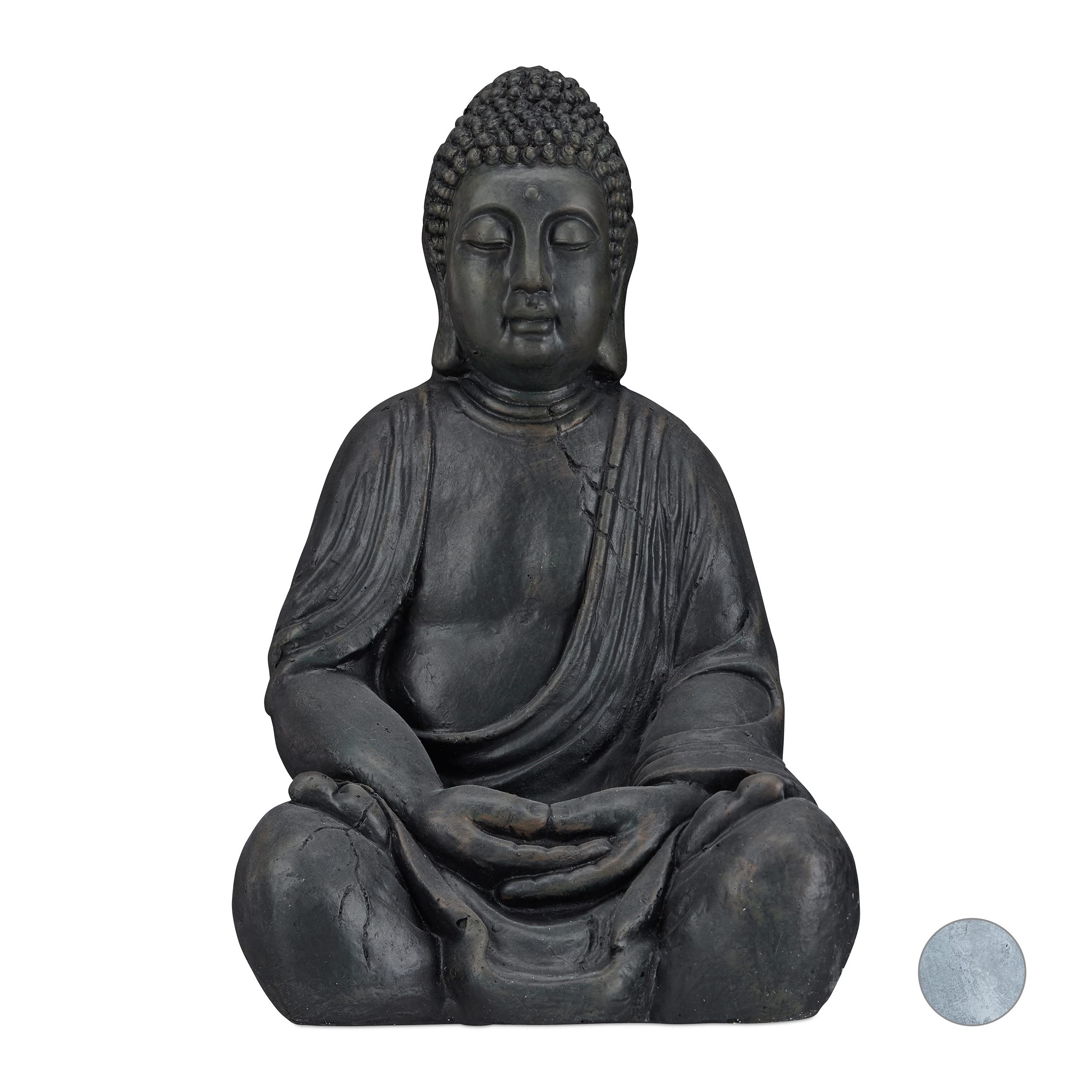 Black resin sitting xl buddha figurine in dark grey with detailed robes for garden and feng shui decor