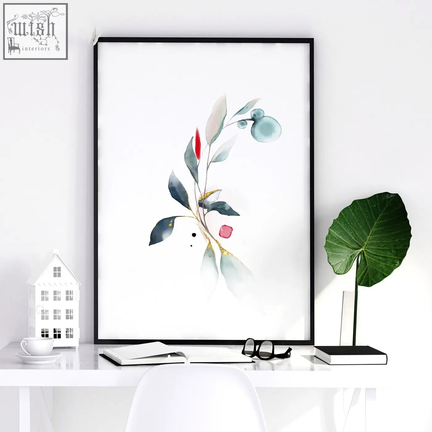 Black-framed watercolor bedroom wall art set featuring abstract teal, red, and gold leaves and berries for relaxing spaces