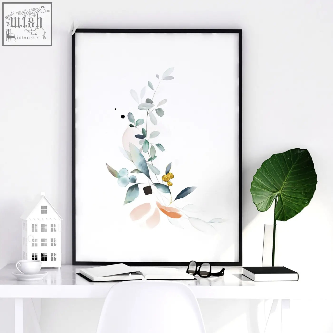 Minimalist botanical bedroom wall art set of 3 framed prints with soft green and peach hues in sleek black frames