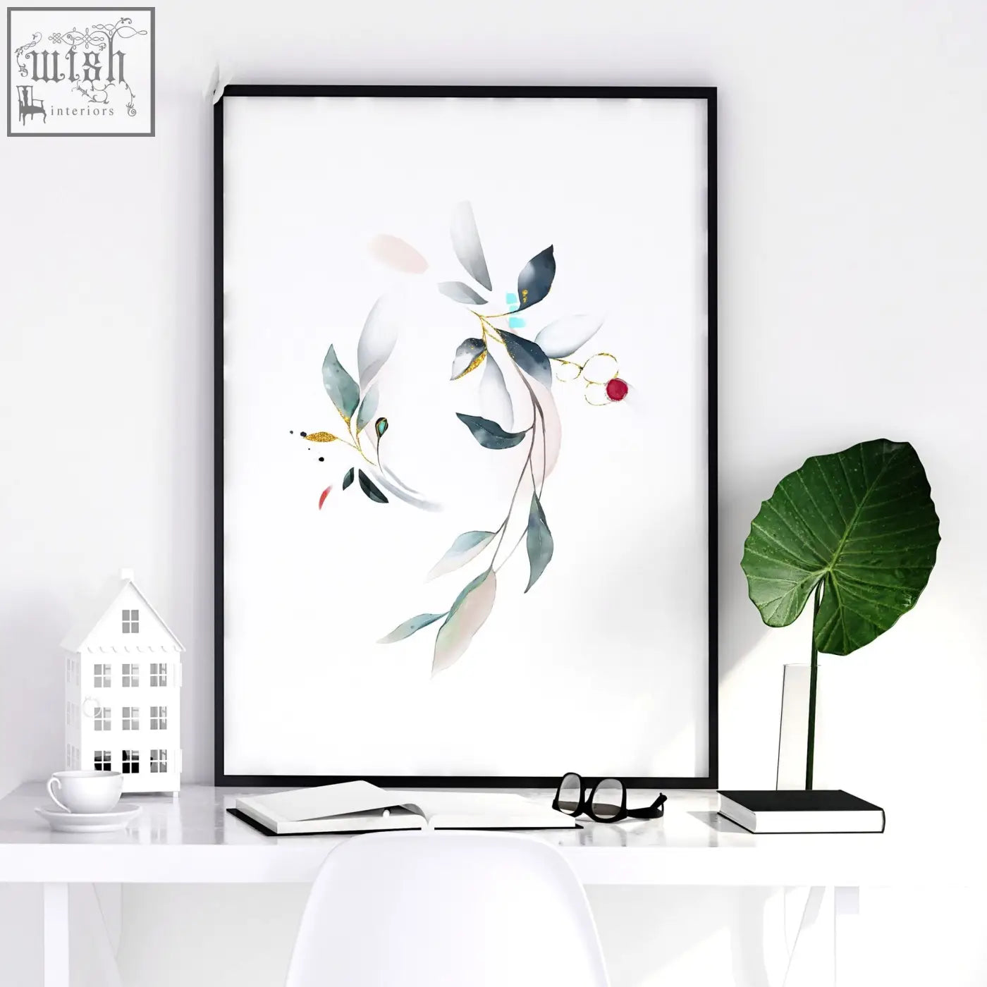 Minimalist black framed bedroom wall art with watercolor green leaves blush pink gold and red berry accent set of 3