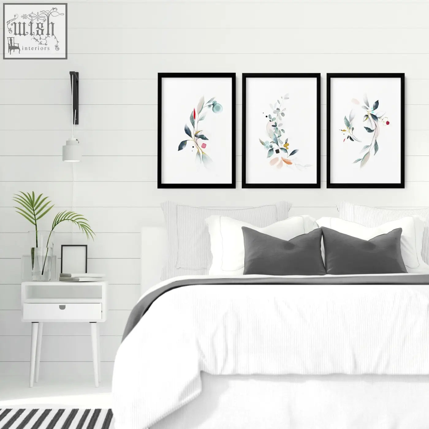 Three black-framed botanical bedroom wall art prints with watercolor greenery and pink red gold accents for relaxing decor