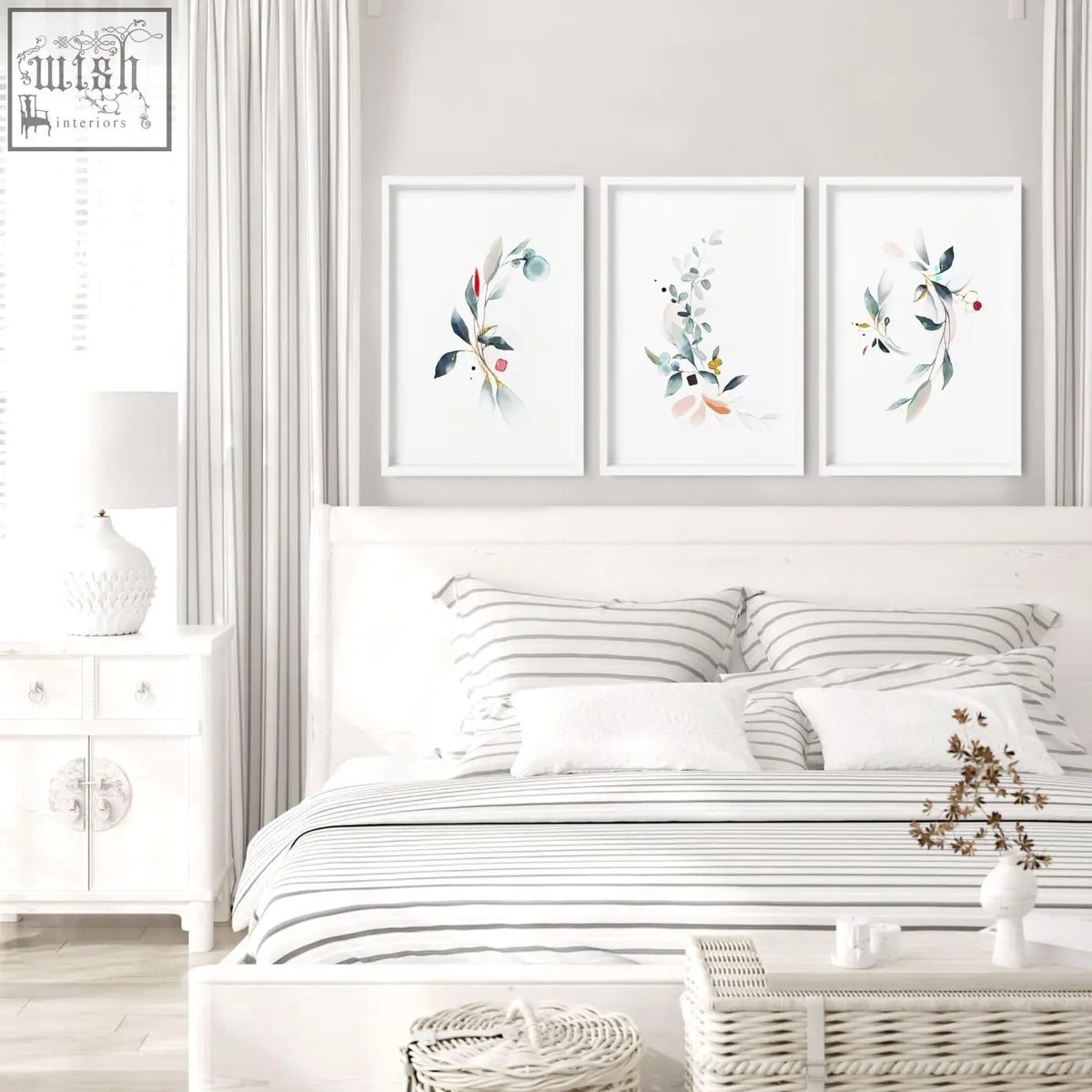Three framed botanical wall art prints in soft greens blues and pinks perfect for relaxing bedroom wall decor