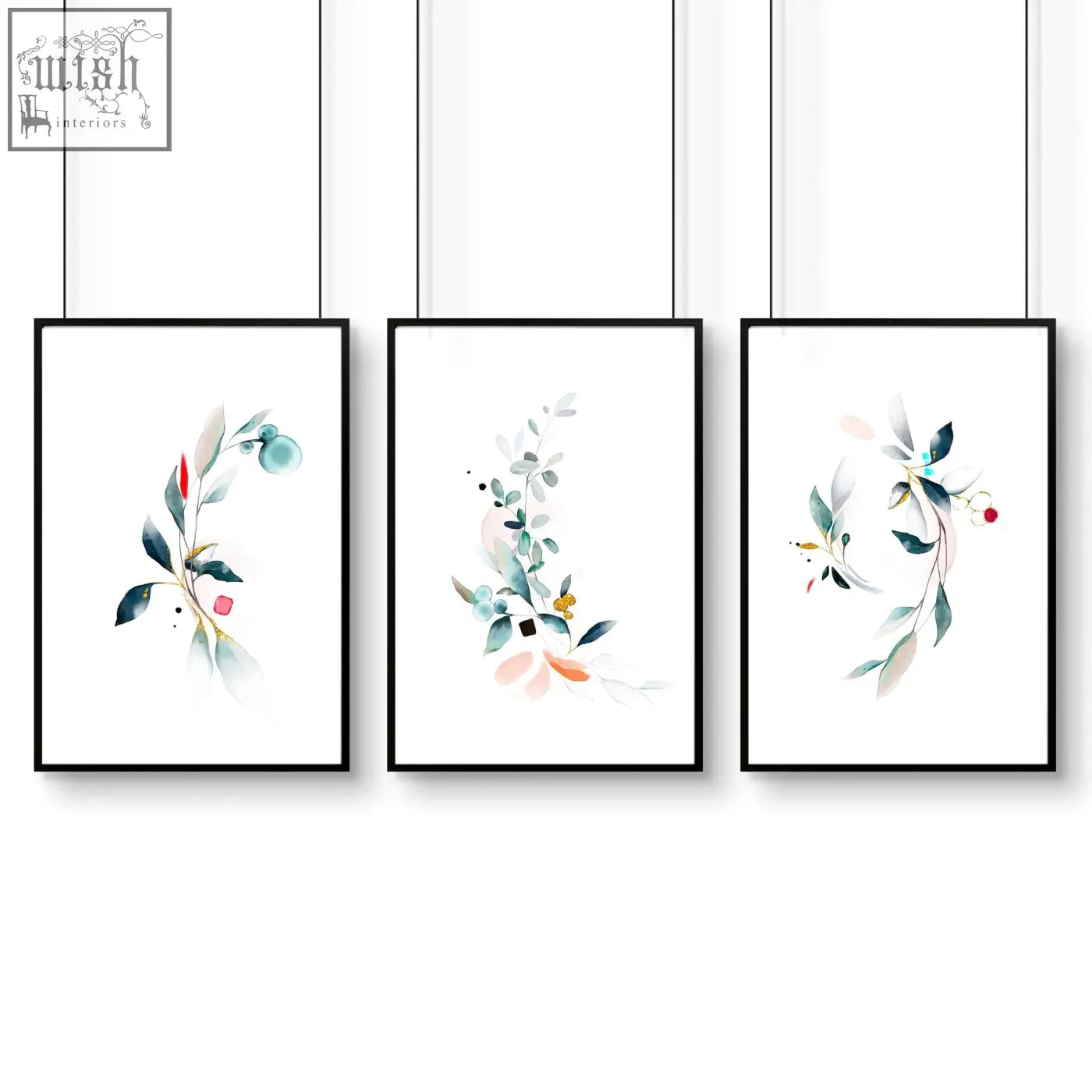 Set of 3 framed minimalist botanical bedroom wall art with teal blush pink and green watercolor branches