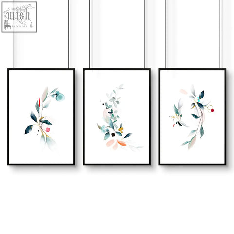 Set of 3 framed minimalist botanical bedroom wall art with teal blush pink and green watercolor branches