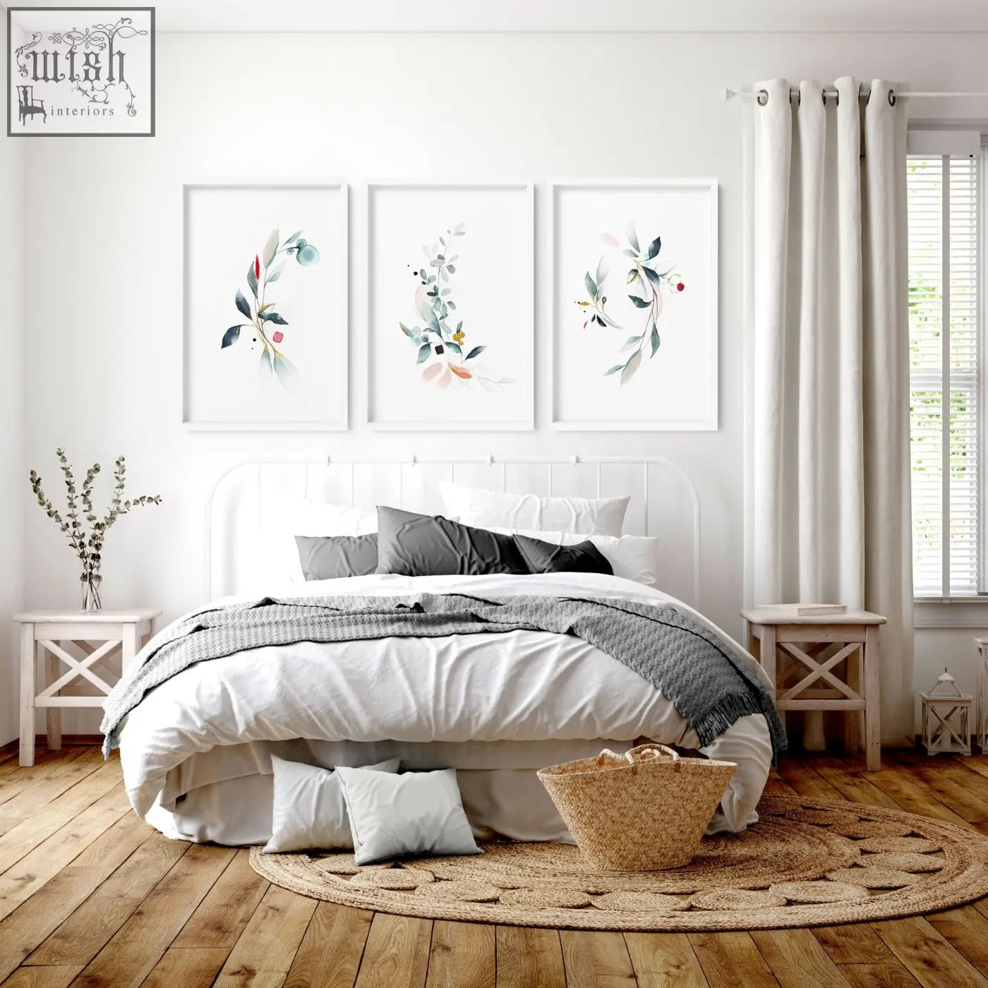White framed botanical wall art with watercolor leaves and berries in soft greens pinks and golds for bedroom wall decor