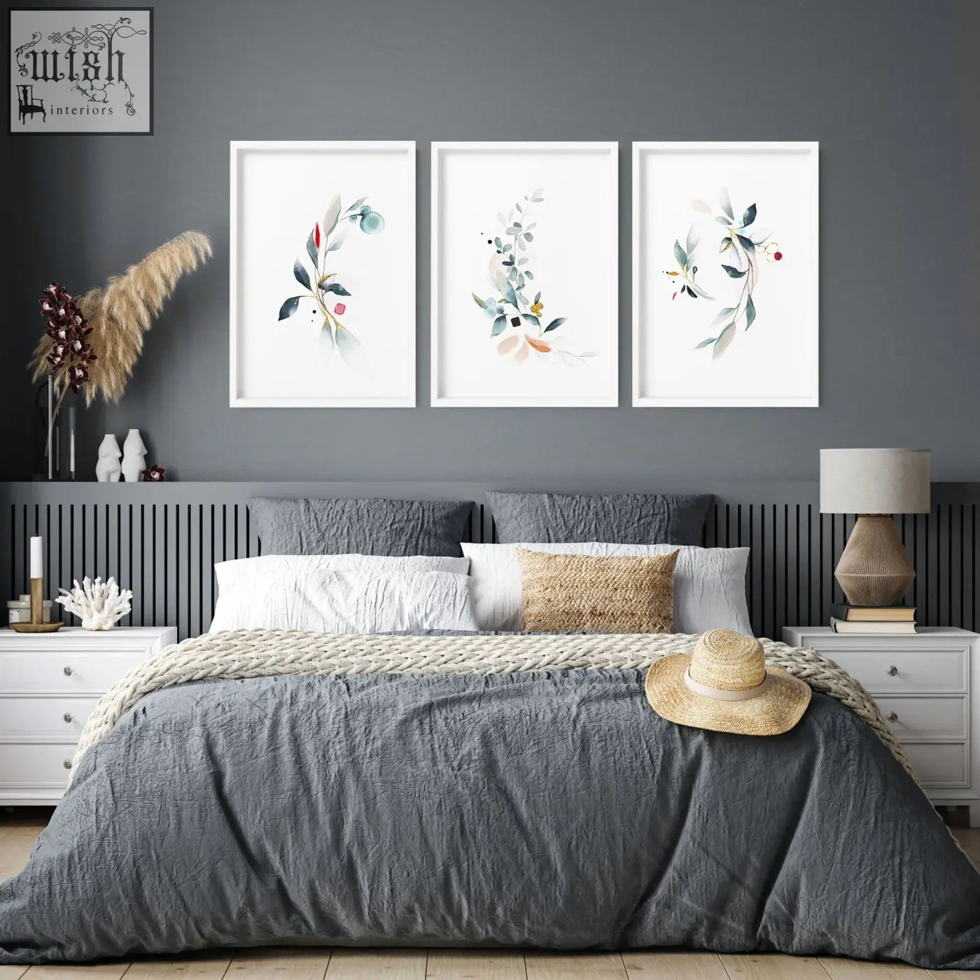 A woven straw hat with a beige band on a gray bedspread in relaxing bedroom wall art set of 3 framed prints