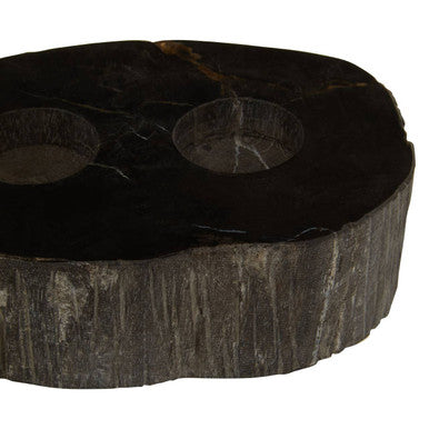 Black marble relic petrified wood tealight holder with two circular indentations and rustic tree stump base