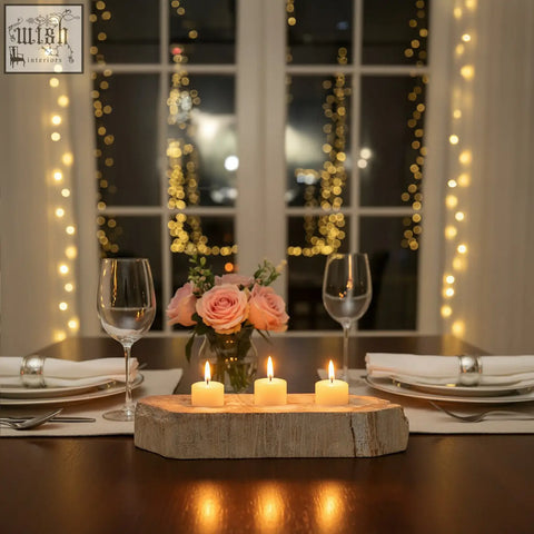 Rustic relic petrified wood tealight holder with three lit white candles in a textured natural wooden base