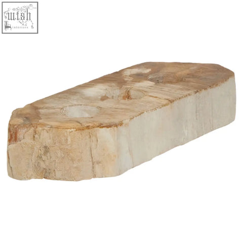 A light beige relic petrified wood rectangular slab with smooth polished surface for a tealight holder