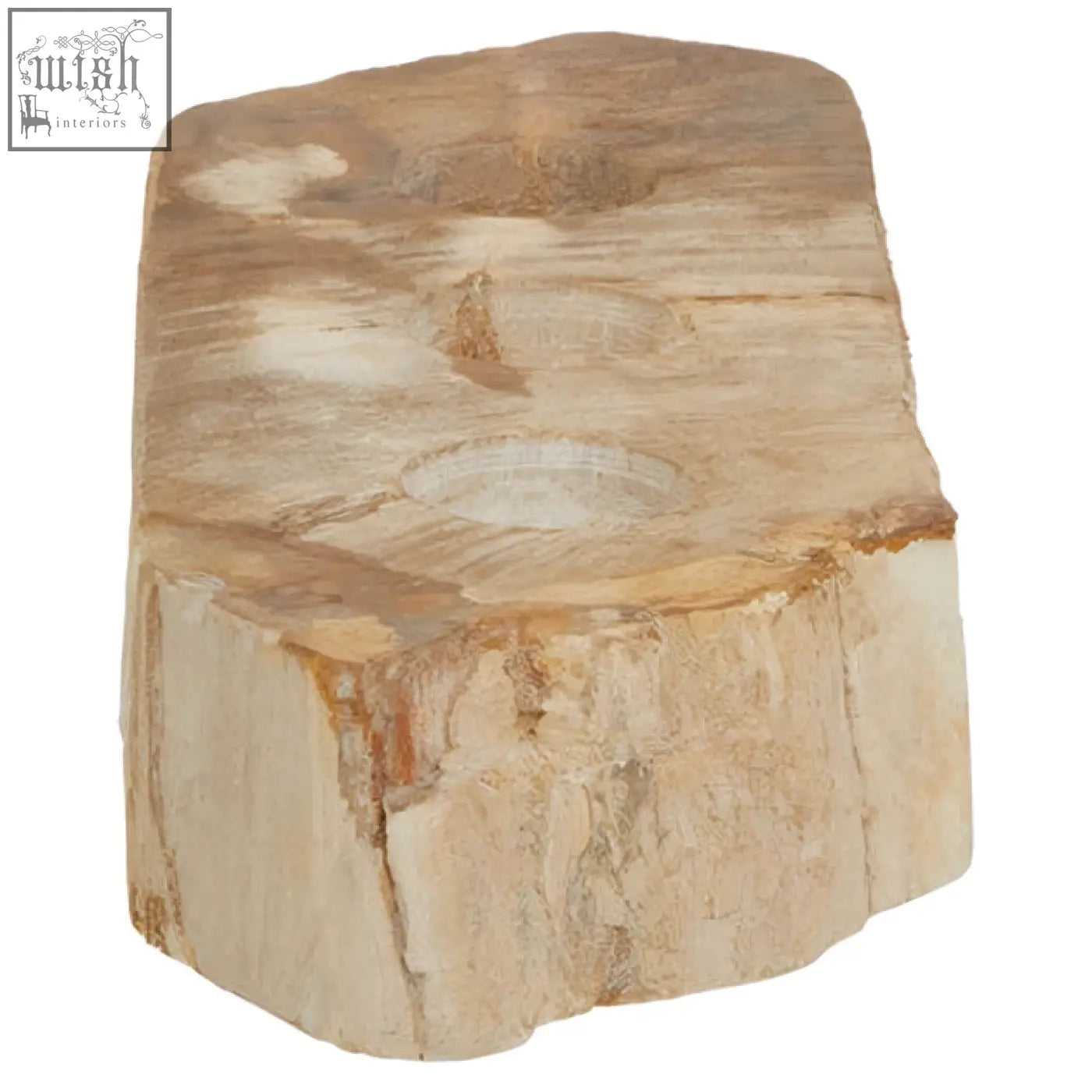 A rustic light brown relic petrified wood tealight holder with natural textured surface and visible concentric rings