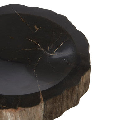 Black petrified wood bowl relic with smooth polished interior and natural bark texture on the exterior wood bowl