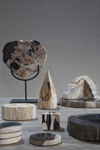 A polished petrified wood bowl with natural patterns displayed on a sleek black metal stand for decor