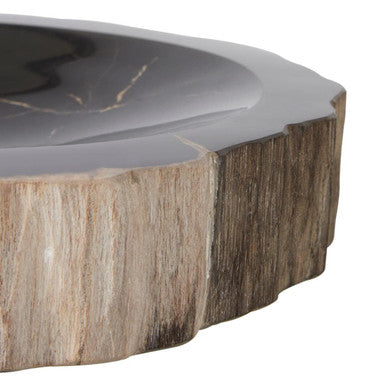 A sleek dark gray petrified wood bowl with natural wood grain rim and subtle black veining perfect for display