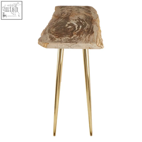 Rustic relic petrified wood console table with live-edge brown and beige grain and gold-toned metal legs