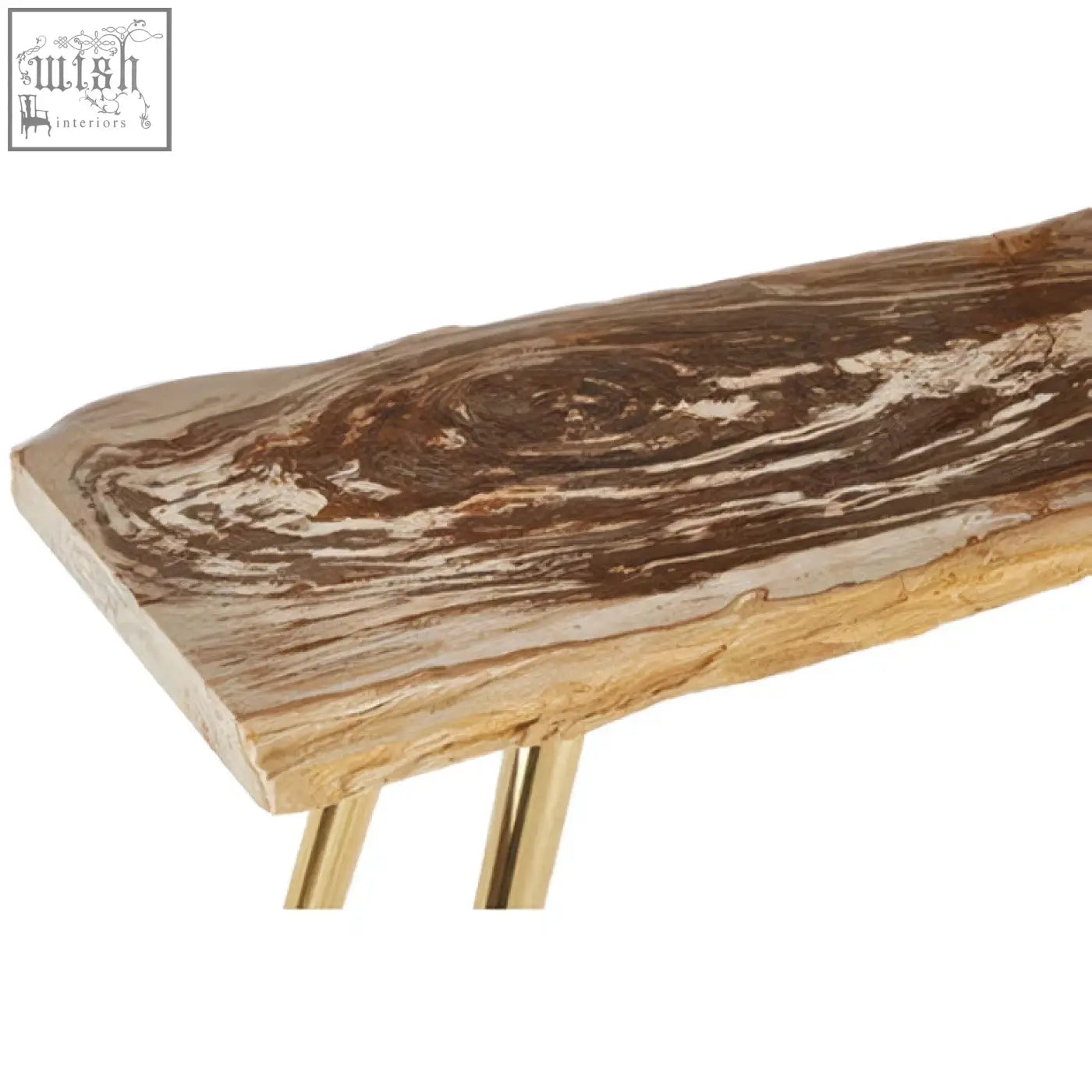 A relic petrified wood console table with natural-edge swirling brown beige grain and slender gold-toned metal legs