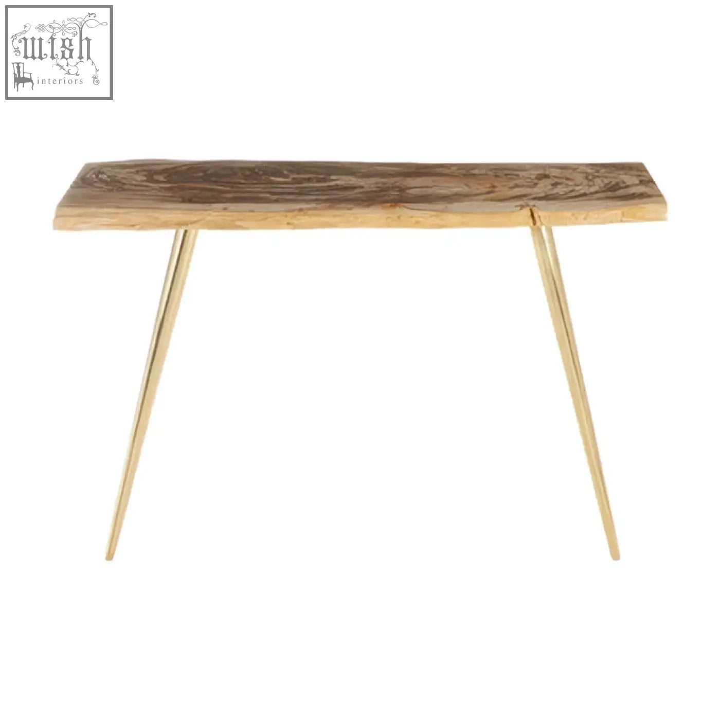 A sleek relic petrified wood console table with natural wood top and slender gold-toned metal legs