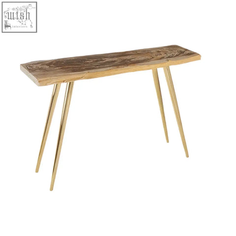 A sleek relic petrified wood console table with a rustic wood top and slender gold-tone metal legs