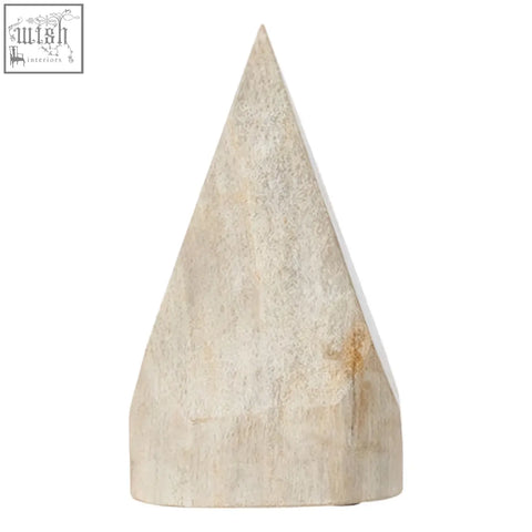 Textured off-white relic petrified wood pyramid sculpture with a pointed triangular shape wood pyramid sculpture