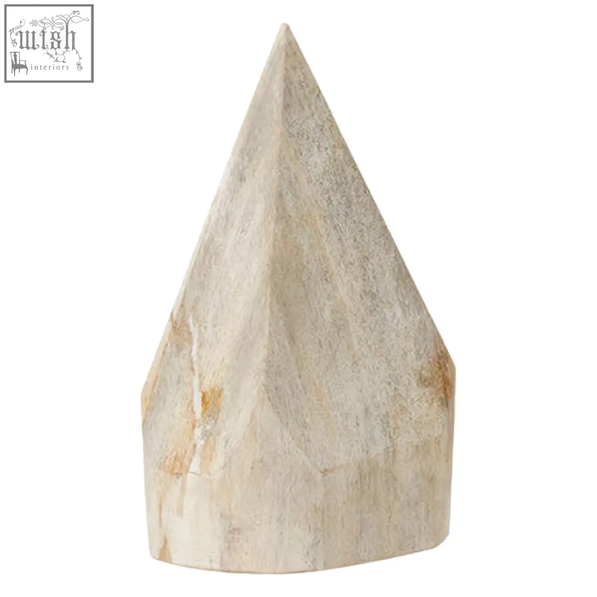 Beige faceted relic petrified wood pyramid sculpture with pointed top and natural mineral veining