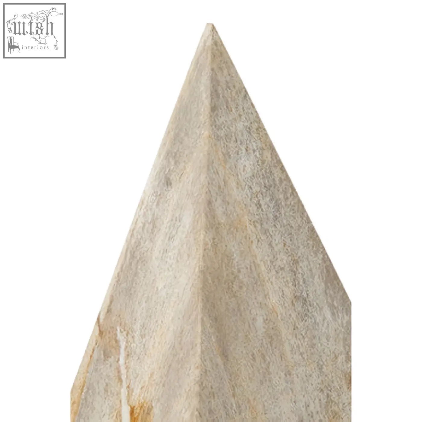 Beige and gray relic petrified wood pyramid sculpture with smooth textured surface wood pyramid sculpture