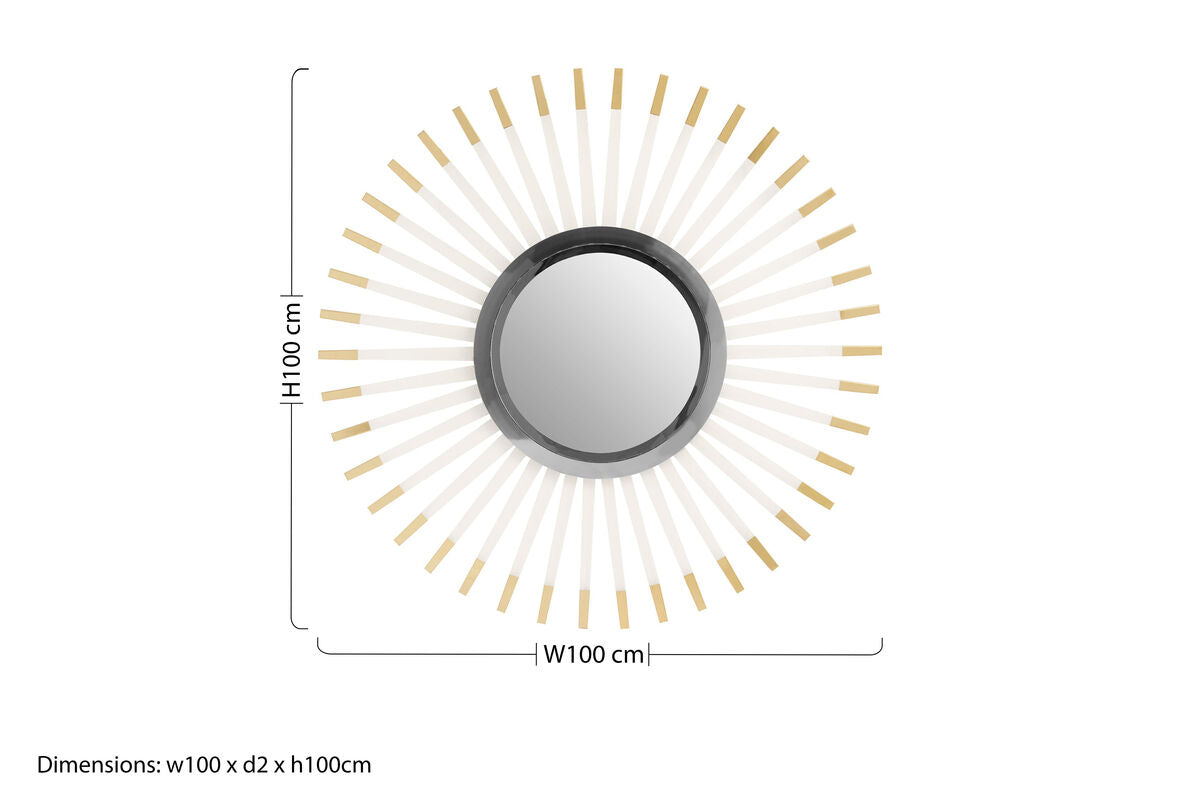 Remo wall mirror is a sleek circular wall mirror with a black frame and white and gold sunburst rays for clear wall decor
