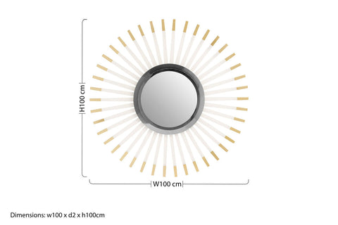Remo wall mirror is a sleek circular wall mirror with a black frame and white and gold sunburst rays for clear wall decor