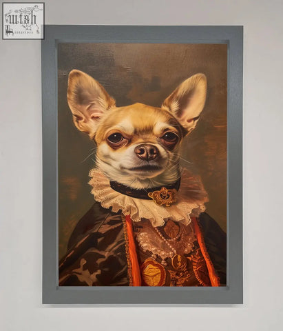 A renaissance chihuahua framed print showing a chihuahua in ornate brocade robes with a lace collar in a decorative frame